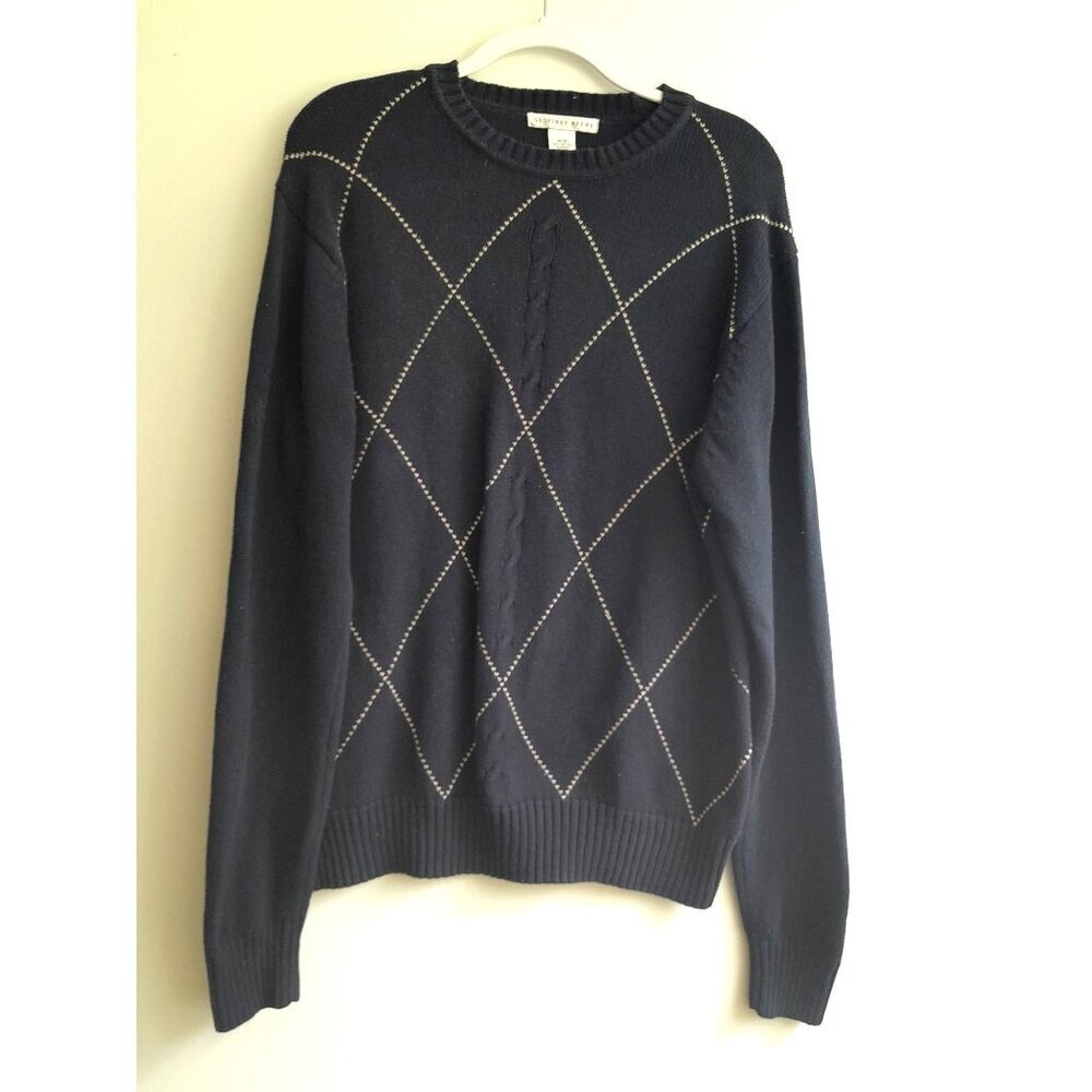 Vtg Geoffrey Beene Grandpa Preppie Diamond Cable Knit Medium Sweater Navy Blue